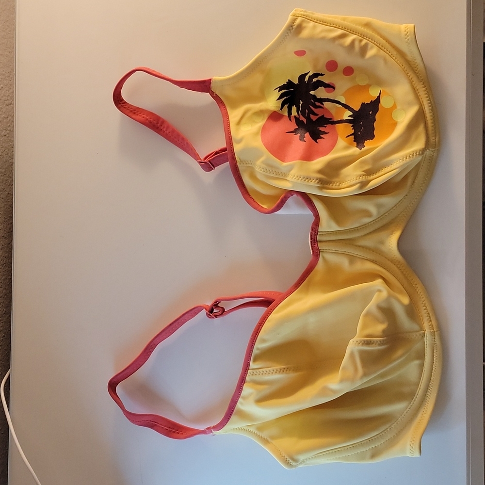 Freya Yellow Bikini Top with Coral Trim and Palm Print